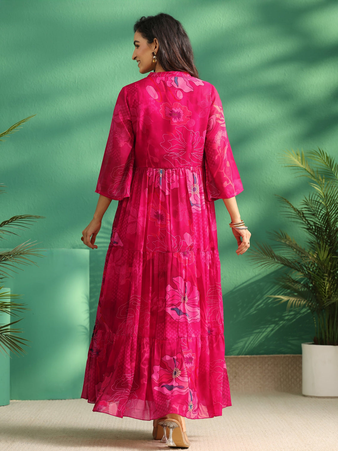 Mameraa Fuchsia Pink Floral Printed Chiffon Tiered Dress