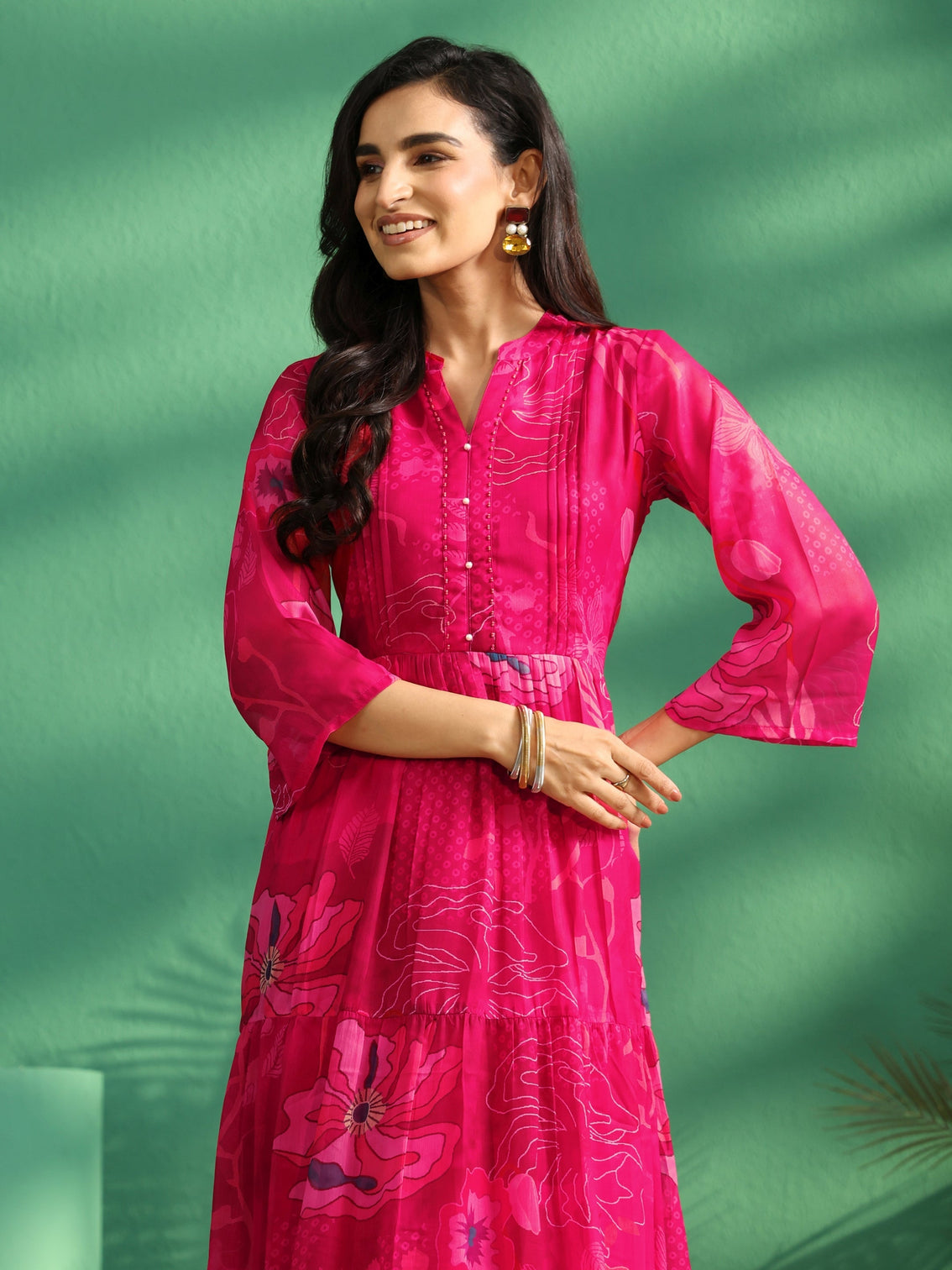 Mameraa Fuchsia Pink Floral Printed Chiffon Tiered Dress