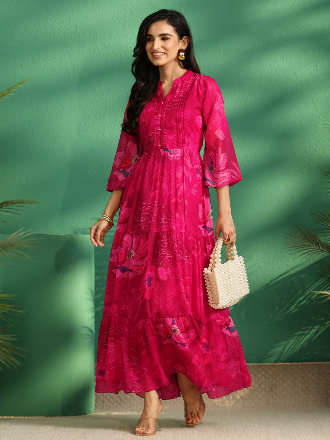 Mameraa Fuchsia Pink Floral Printed Chiffon Tiered Dress