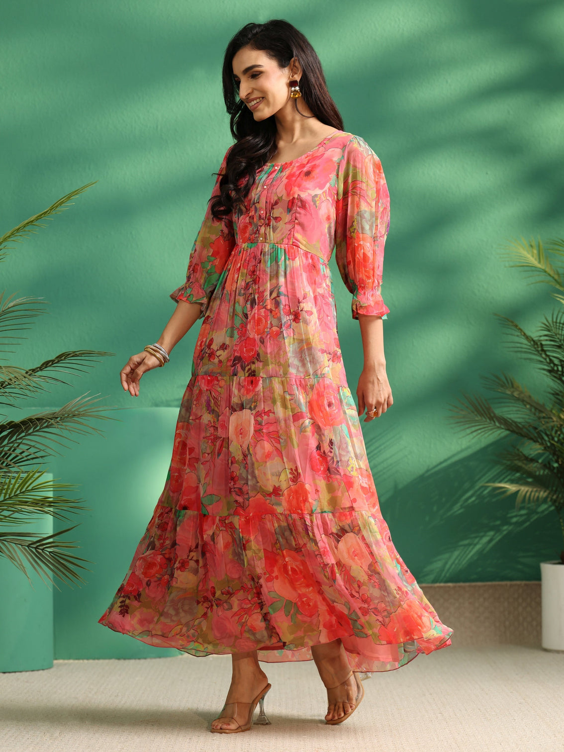 Mameraa Pink Floral Printed Chiffon Tiered Dress