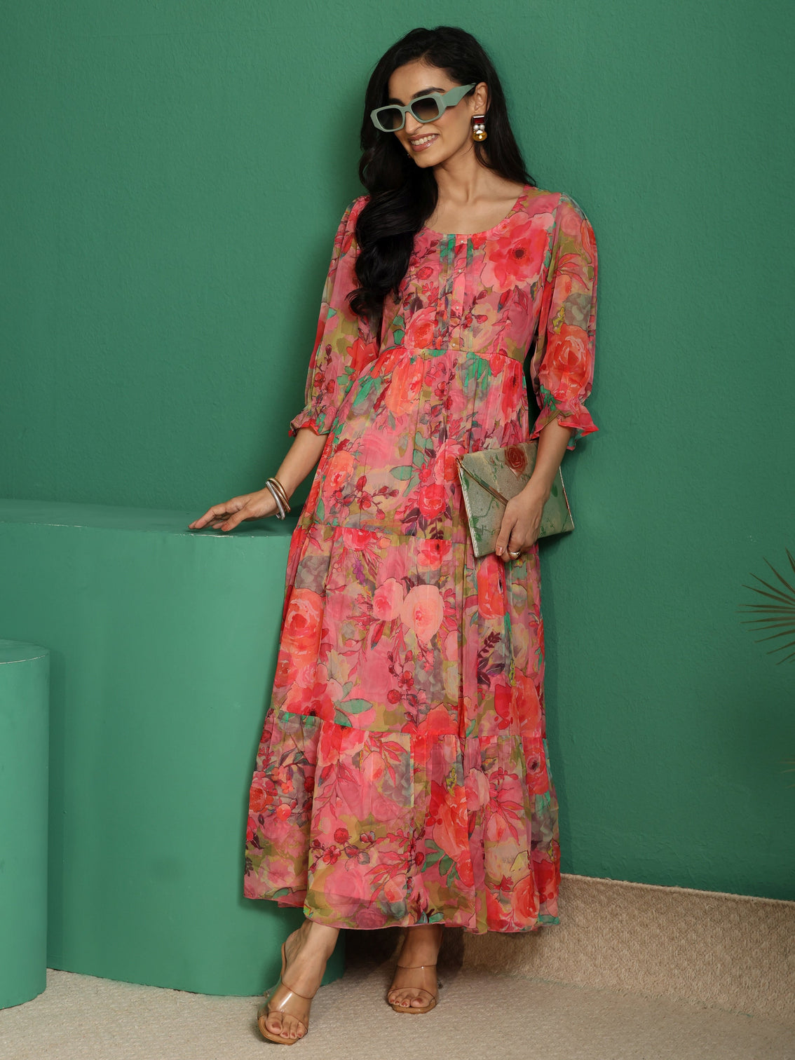 Mameraa Pink Floral Printed Chiffon Tiered Dress
