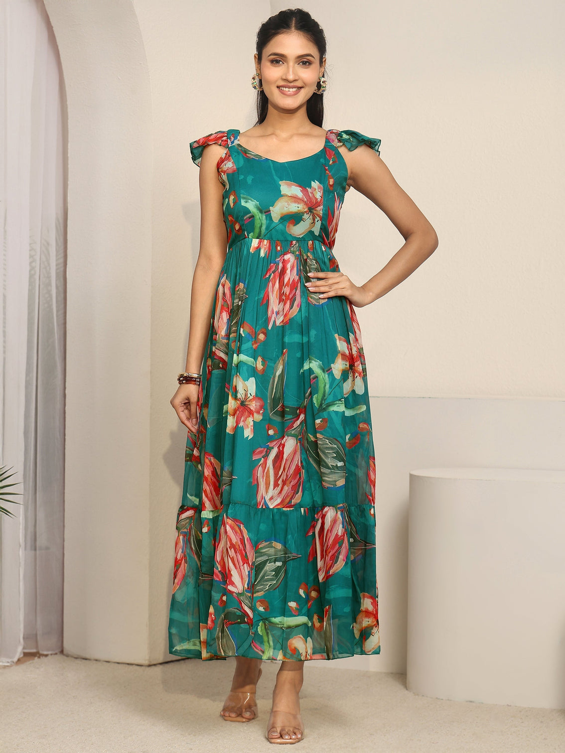 Mameraa Teal Blue Floral Printed Chiffon Fit And Flare Dress