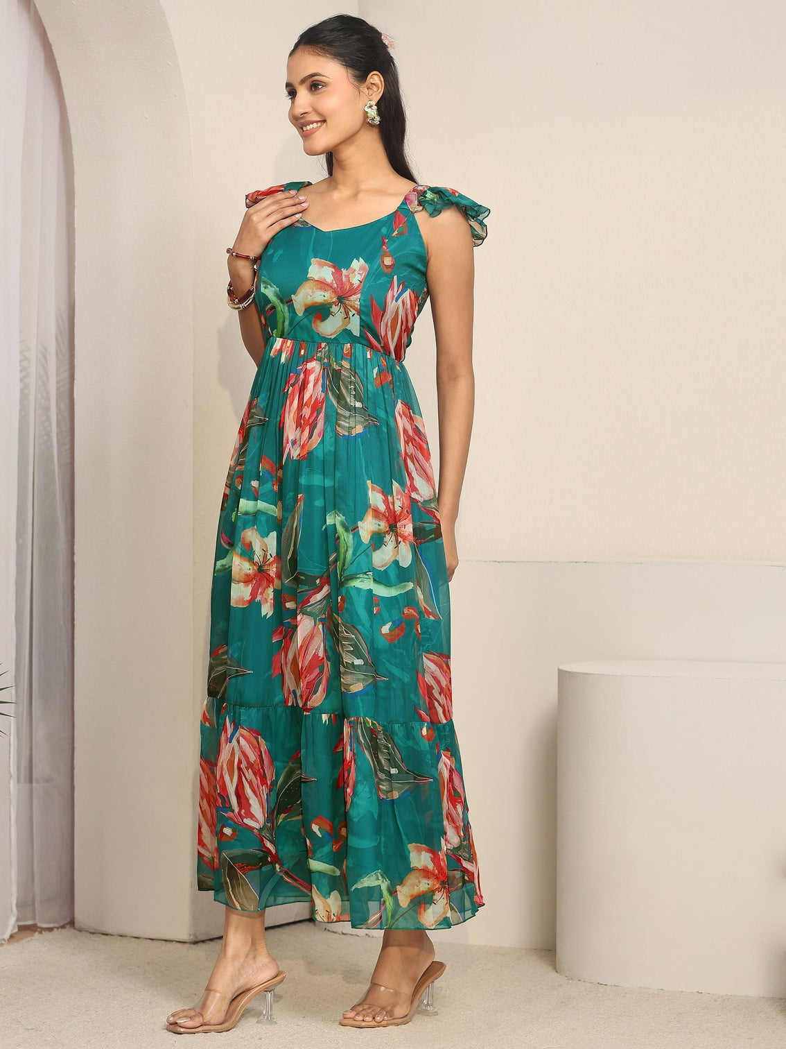 Mameraa Teal Blue Floral Printed Chiffon Fit And Flare Dress