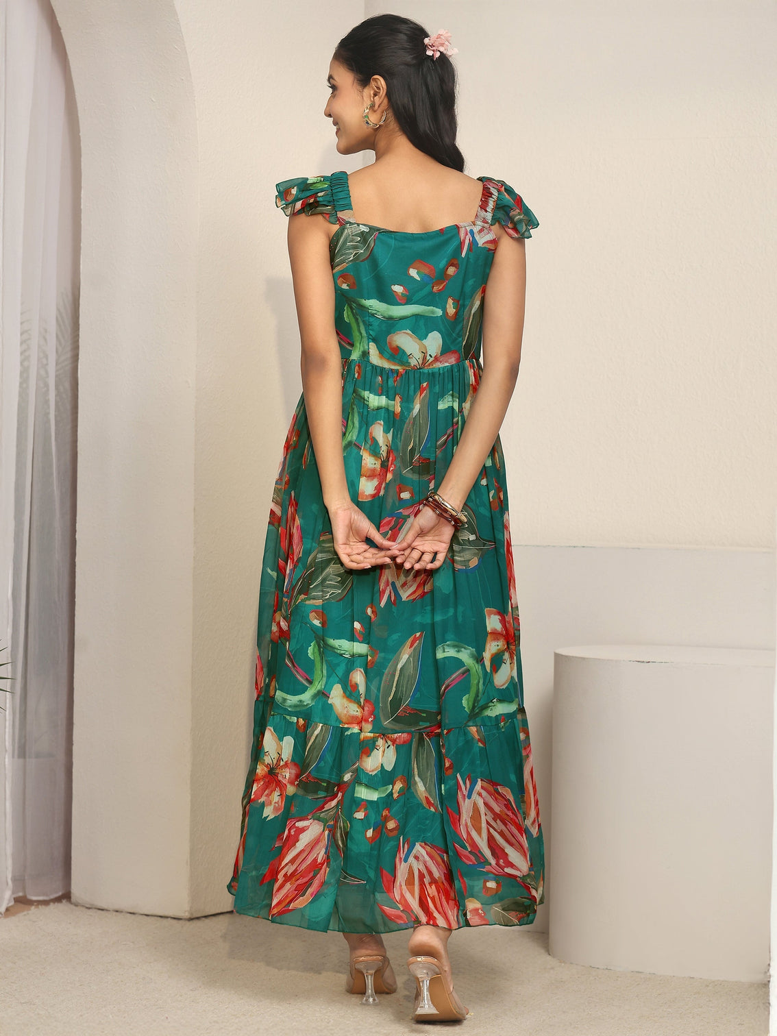 Mameraa Teal Blue Floral Printed Chiffon Fit And Flare Dress