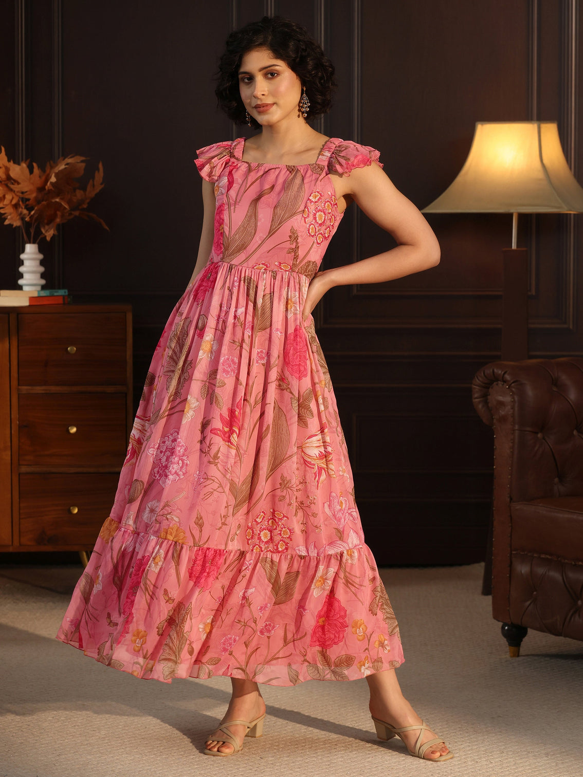 Mameraa Pink Floral Printed Chiffon Fit And Flare Dress