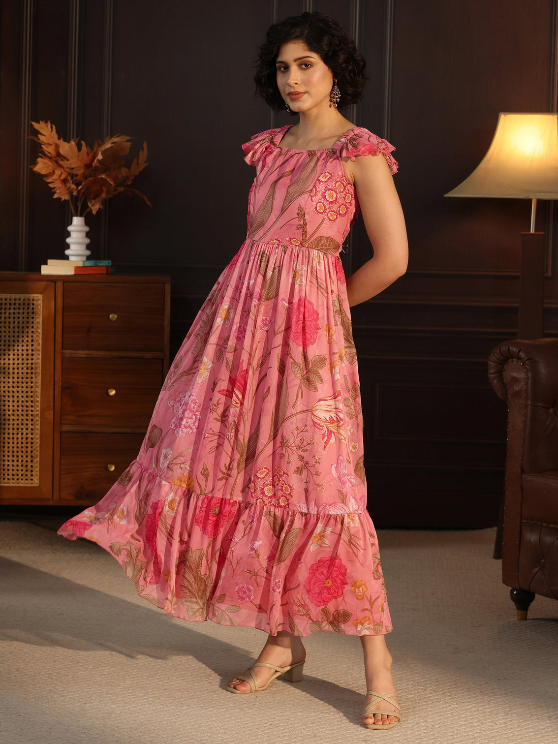 Mameraa Pink Floral Printed Chiffon Fit And Flare Dress