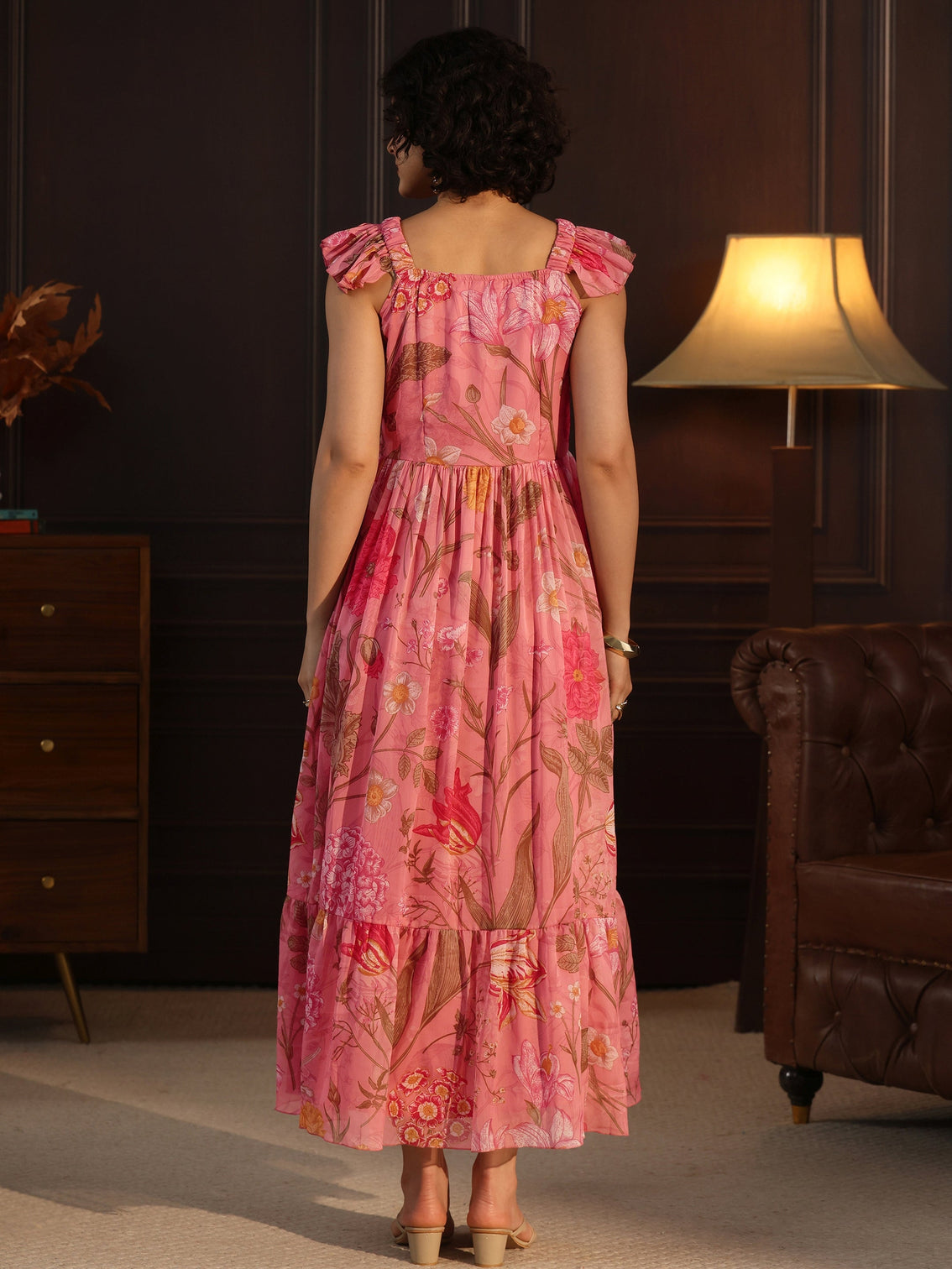 Mameraa Pink Floral Printed Chiffon Fit And Flare Dress