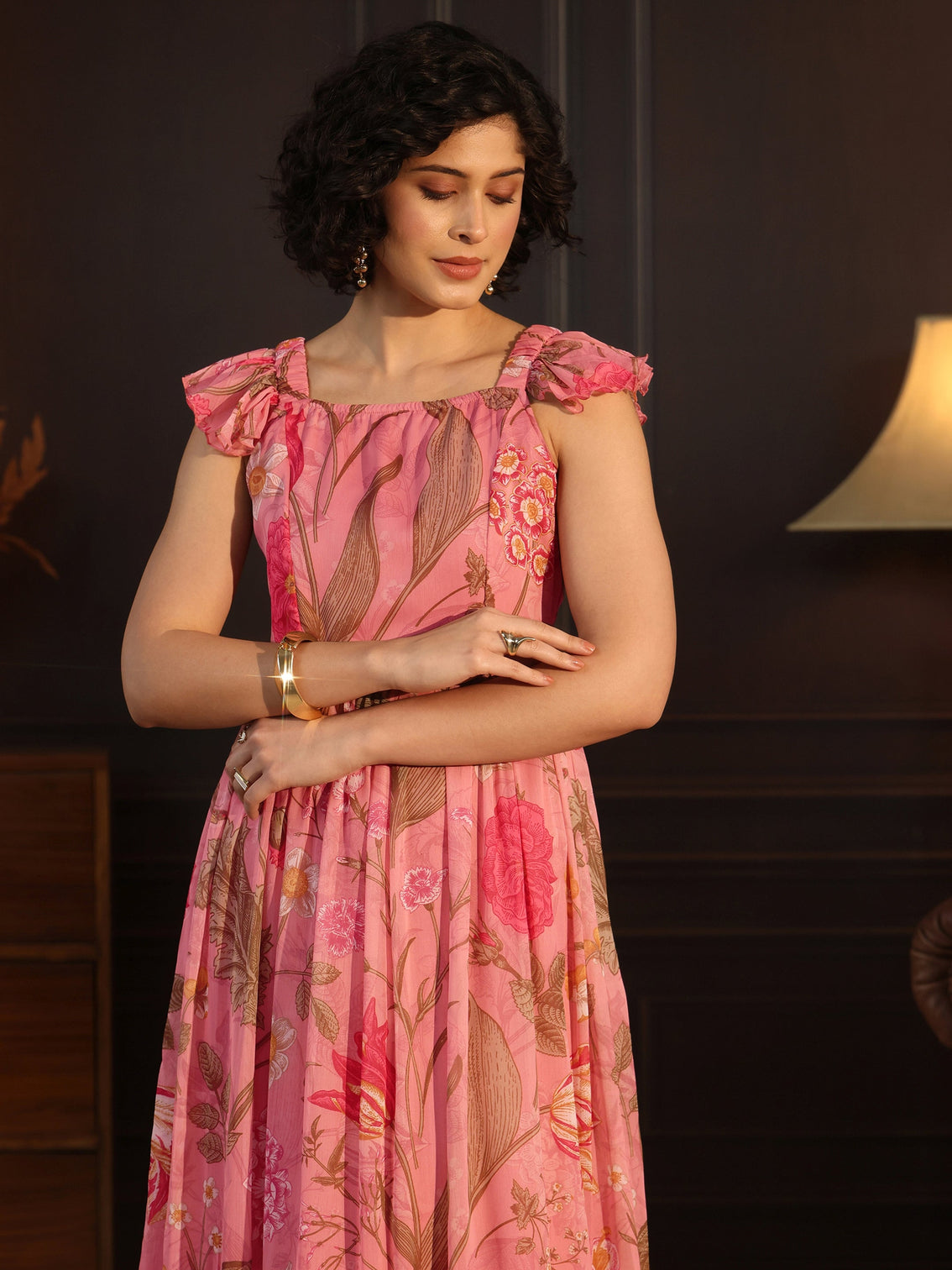 Mameraa Pink Floral Printed Chiffon Fit And Flare Dress