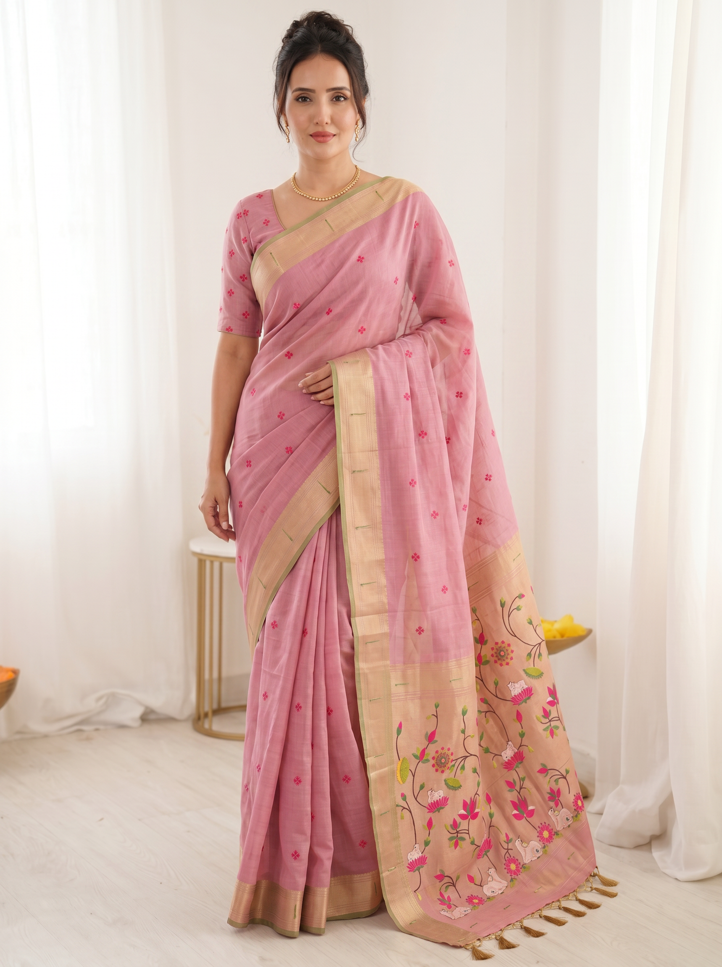 Pink Premium Soft Muga Cotton Saree with Paithani Swan Meenakari Pallu