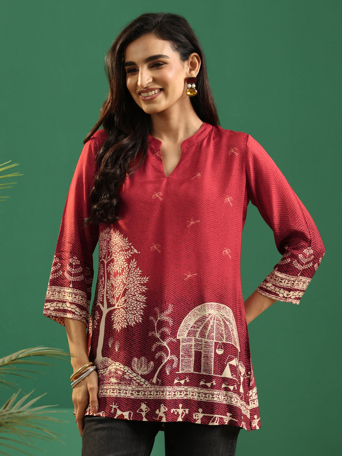 Mameraa Maroon Red Warli Print Muslin Straight Short Kurti