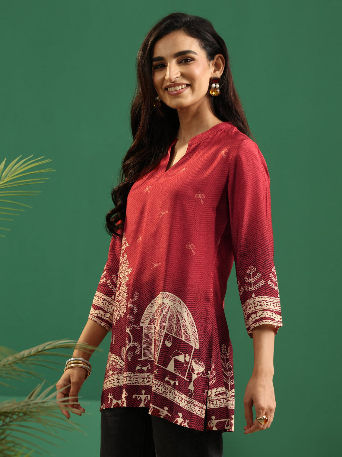 Mameraa Maroon Red Warli Print Muslin Straight Short Kurti
