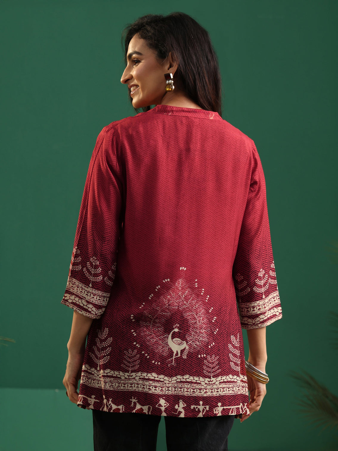 Mameraa Maroon Red Warli Print Muslin Straight Short Kurti