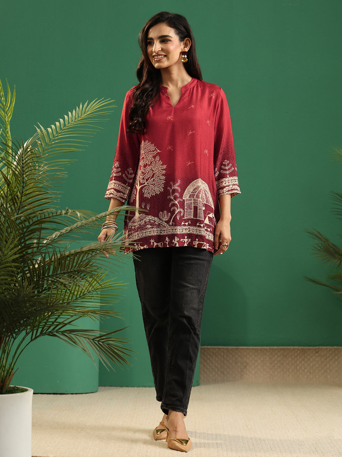 Mameraa Maroon Red Warli Print Muslin Straight Short Kurti