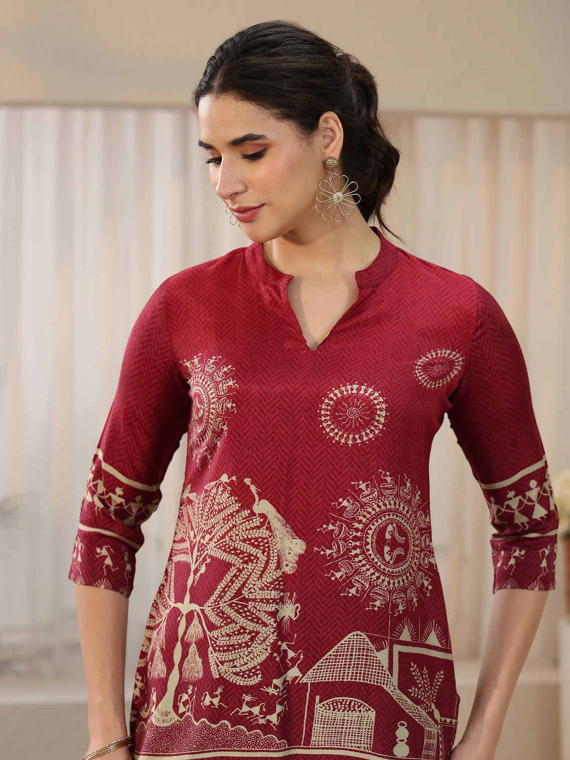 Mameraa Maroon Tribal Printed Straight Silk Blend Short Kurti