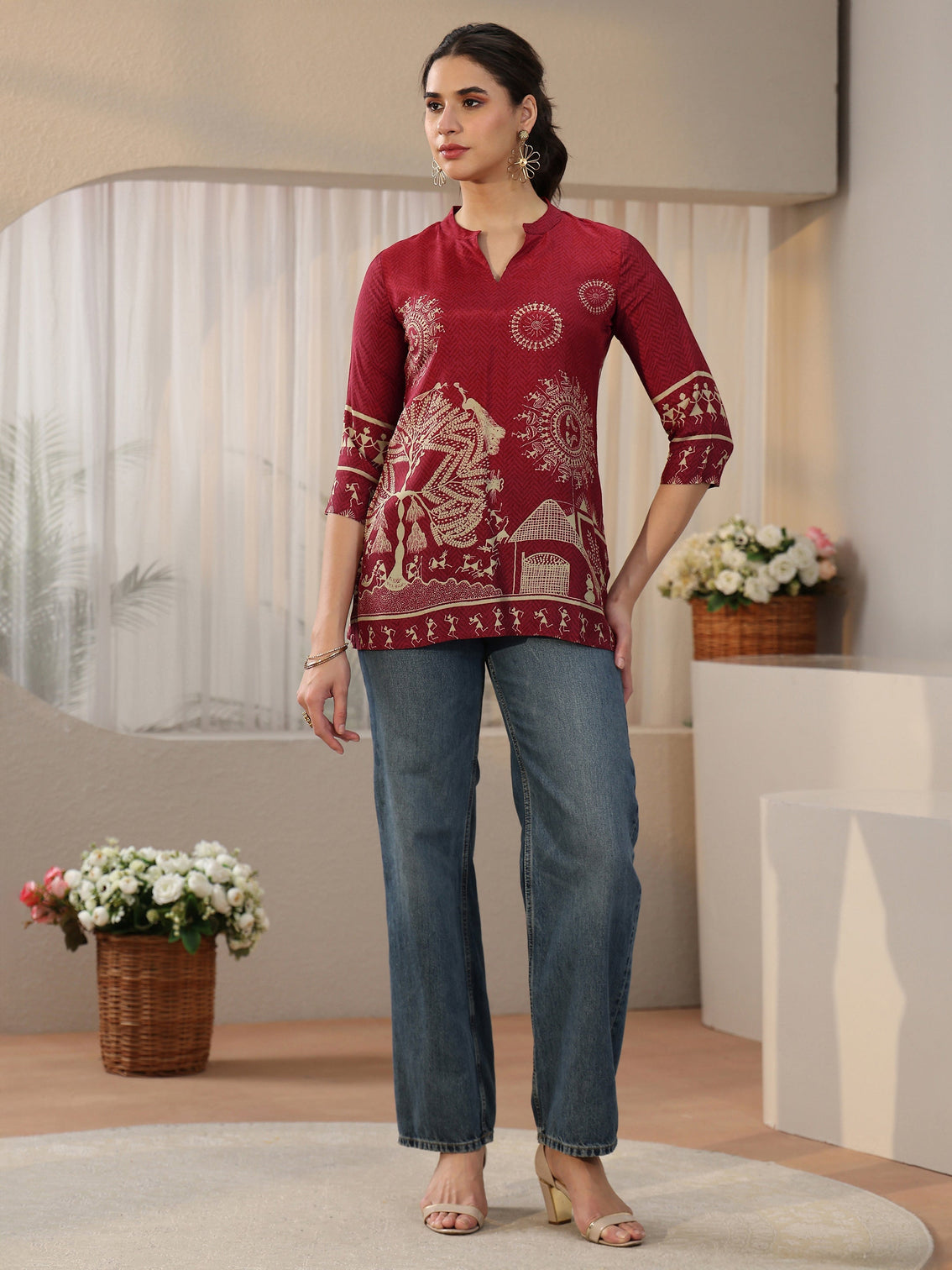 Mameraa Maroon Tribal Printed Straight Silk Blend Short Kurti