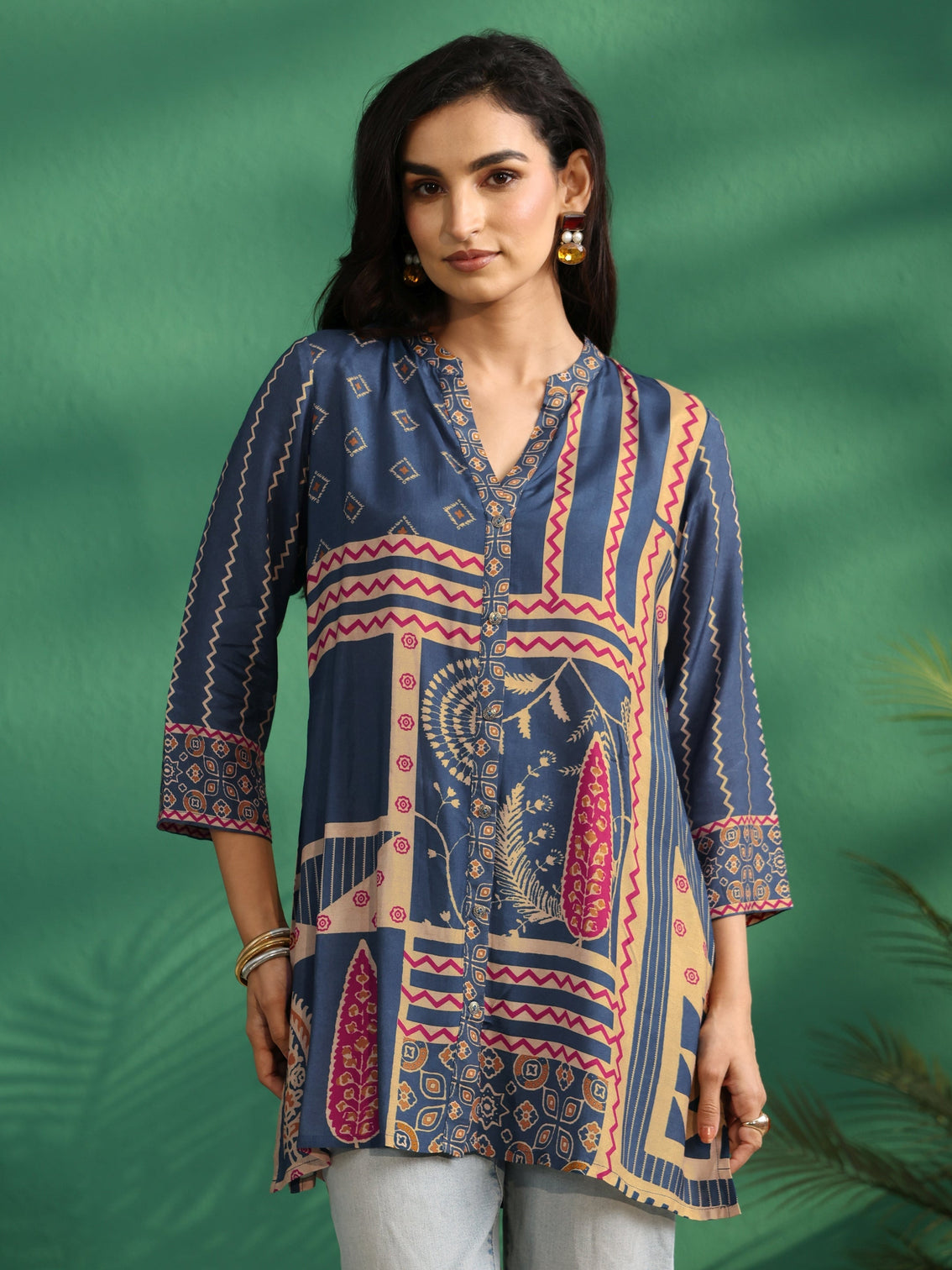 Mameraa Teal Blue Printed Muslin Short Kurti