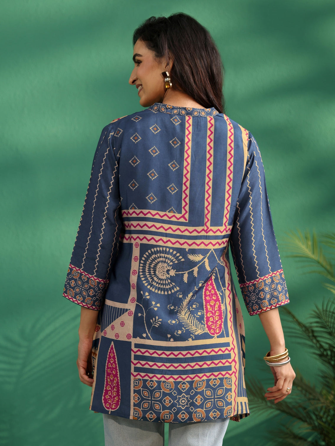 Mameraa Teal Blue Printed Muslin Short Kurti