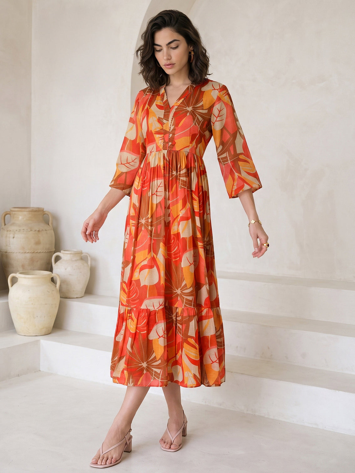 Mameraa Multi Color Tropical Printed Fit and Flare Chiffon Dress