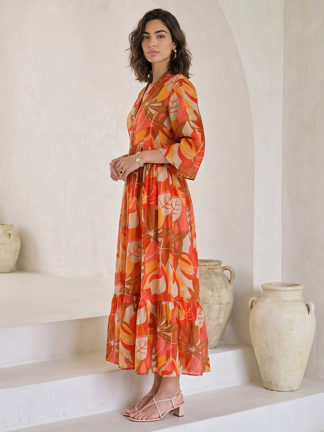 Mameraa Multi Color Tropical Printed Fit and Flare Chiffon Dress