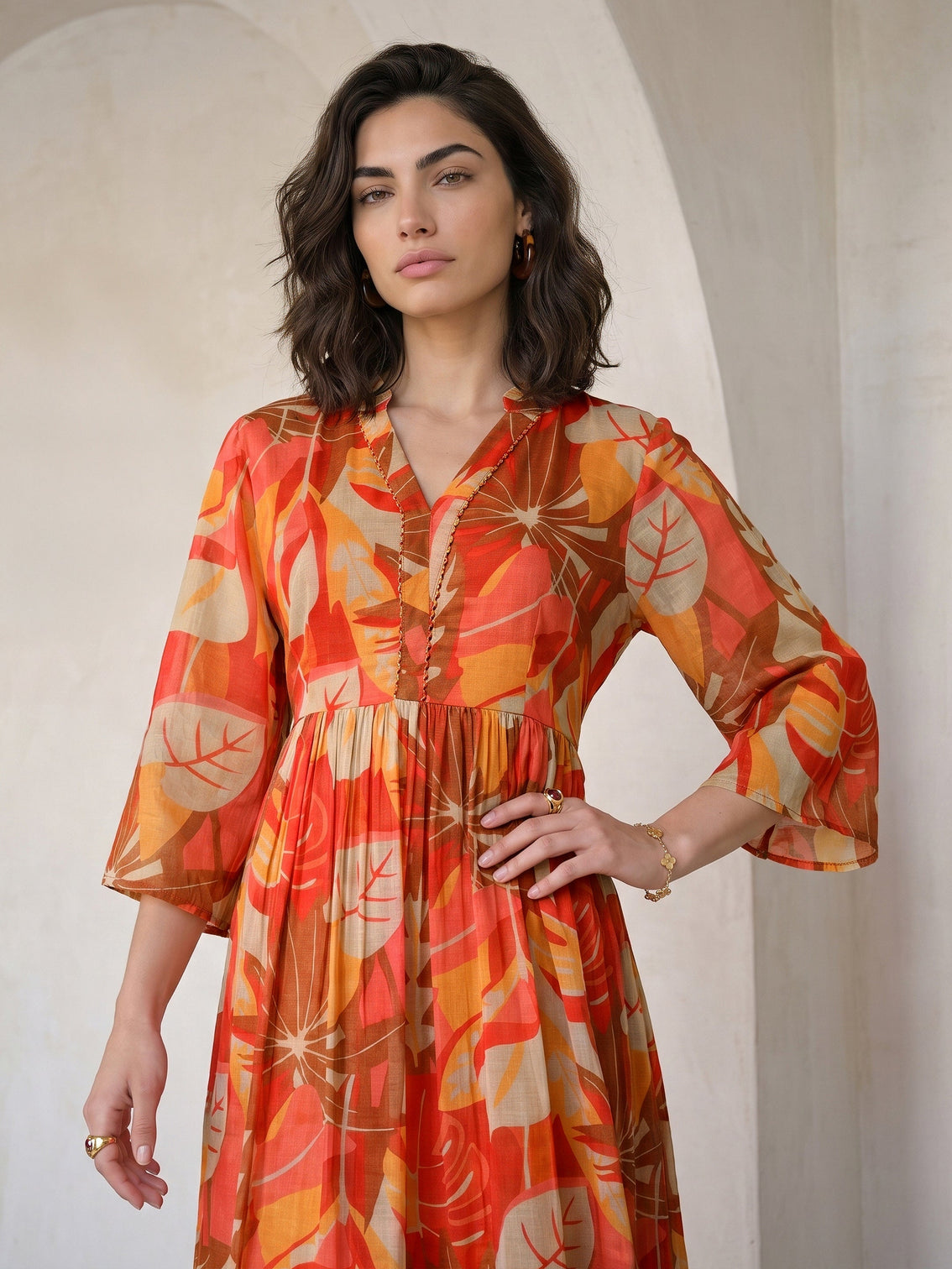 Mameraa Multi Color Tropical Printed Fit and Flare Chiffon Dress