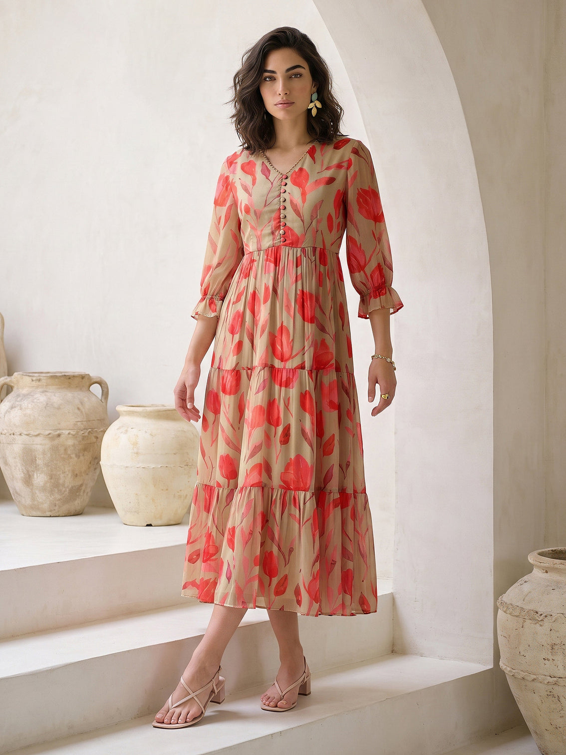 Mameraa Green Floral Printed Fit and Flare Chiffon Dress