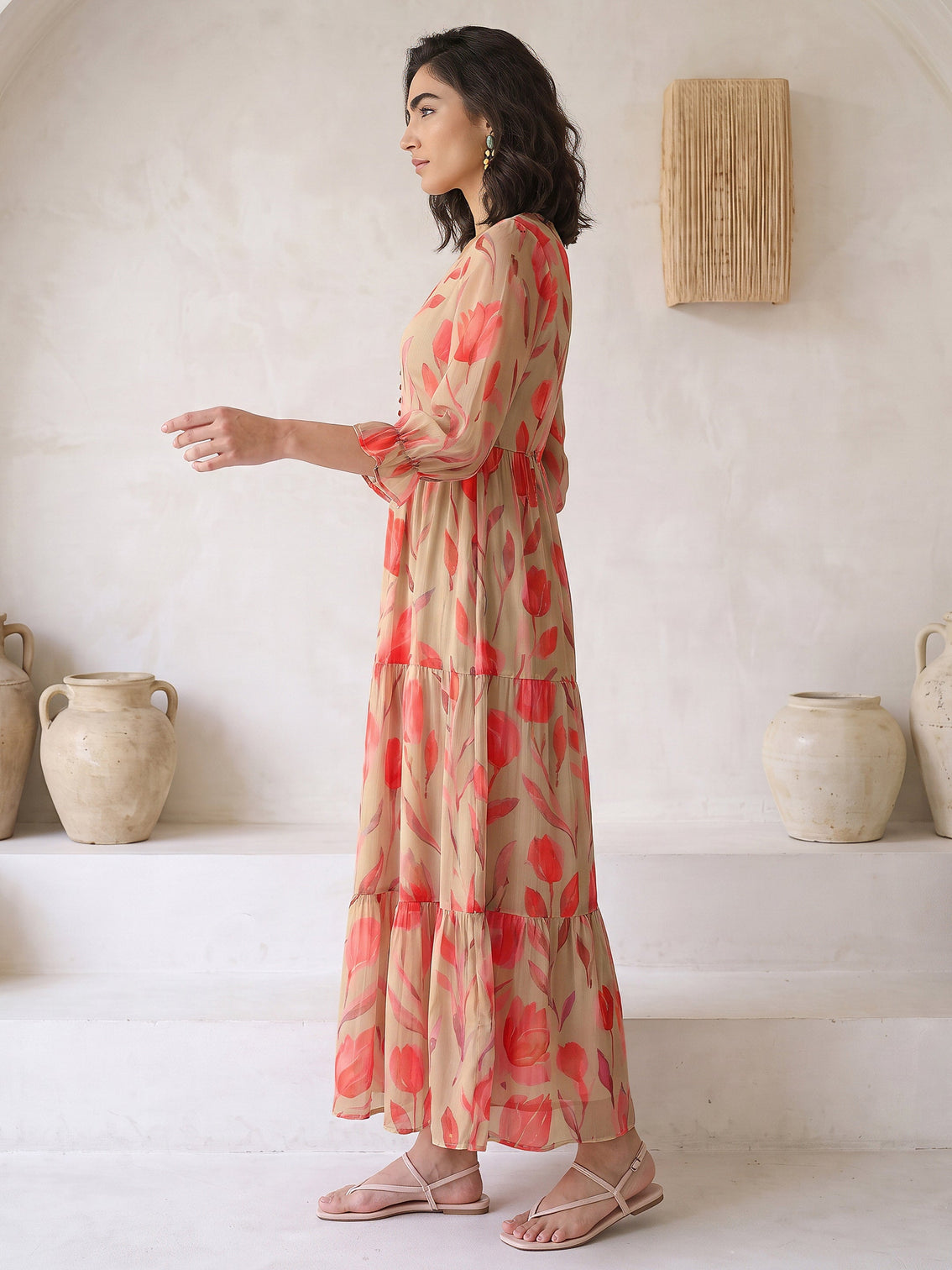 Mameraa Green Floral Printed Fit and Flare Chiffon Dress