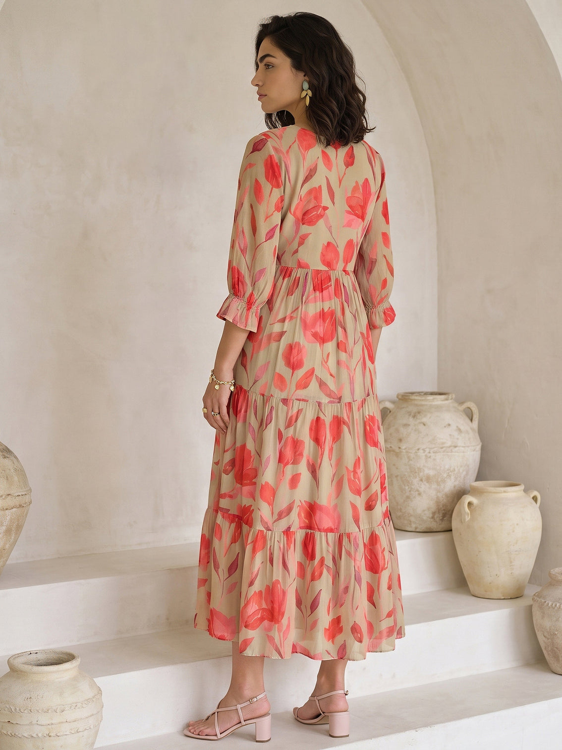 Mameraa Green Floral Printed Fit and Flare Chiffon Dress