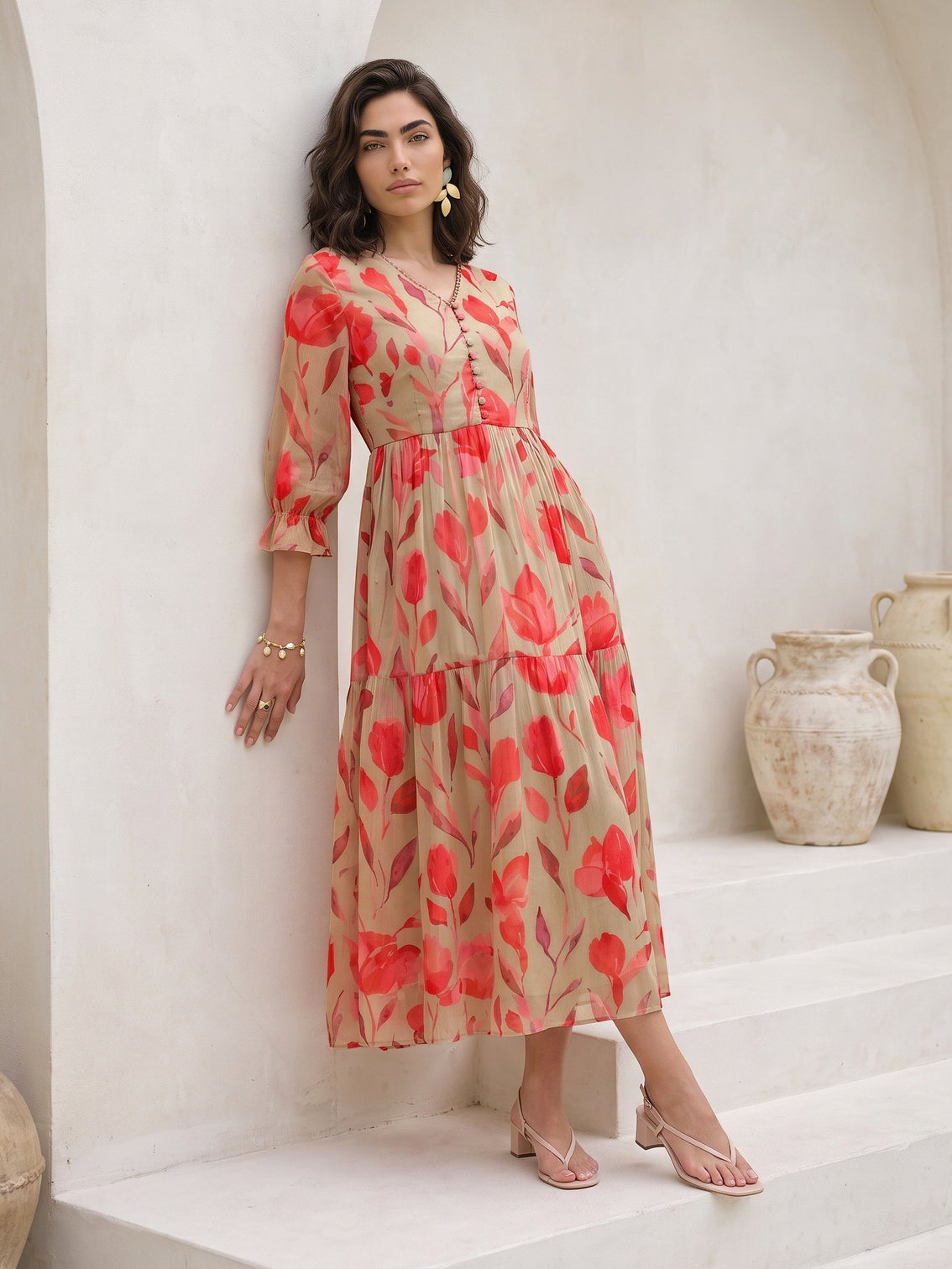 Mameraa Green Floral Printed Fit and Flare Chiffon Dress
