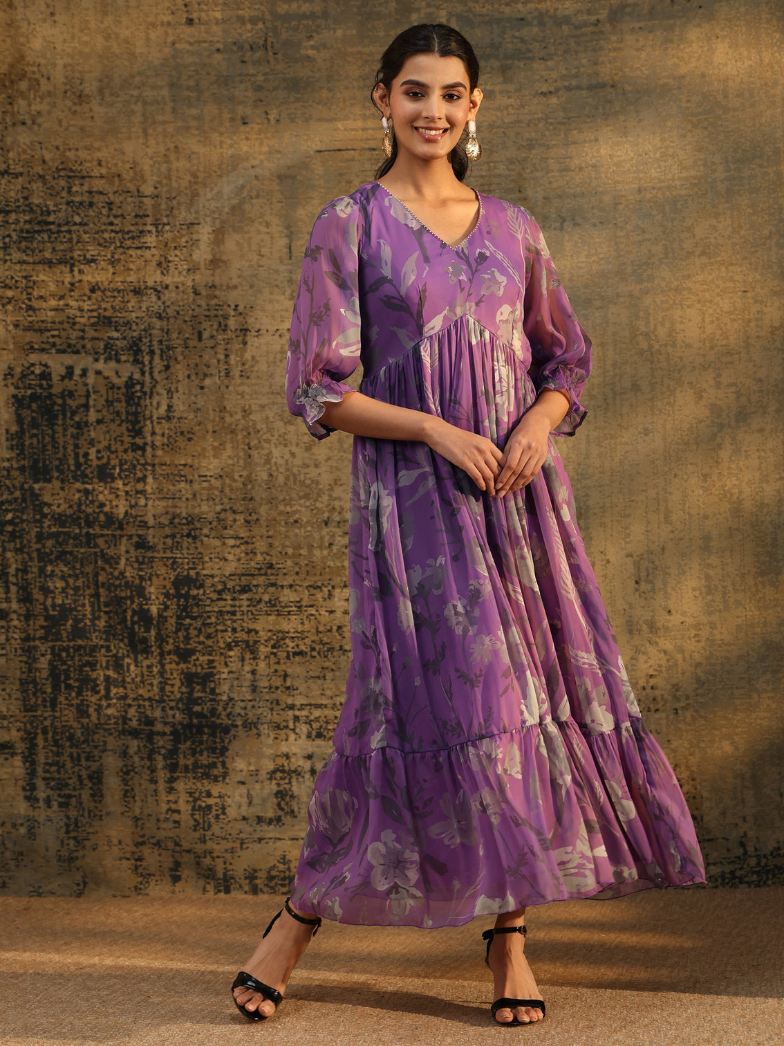 Mameraa Orchid Purple Floral Printed Empire Chiffon Dress