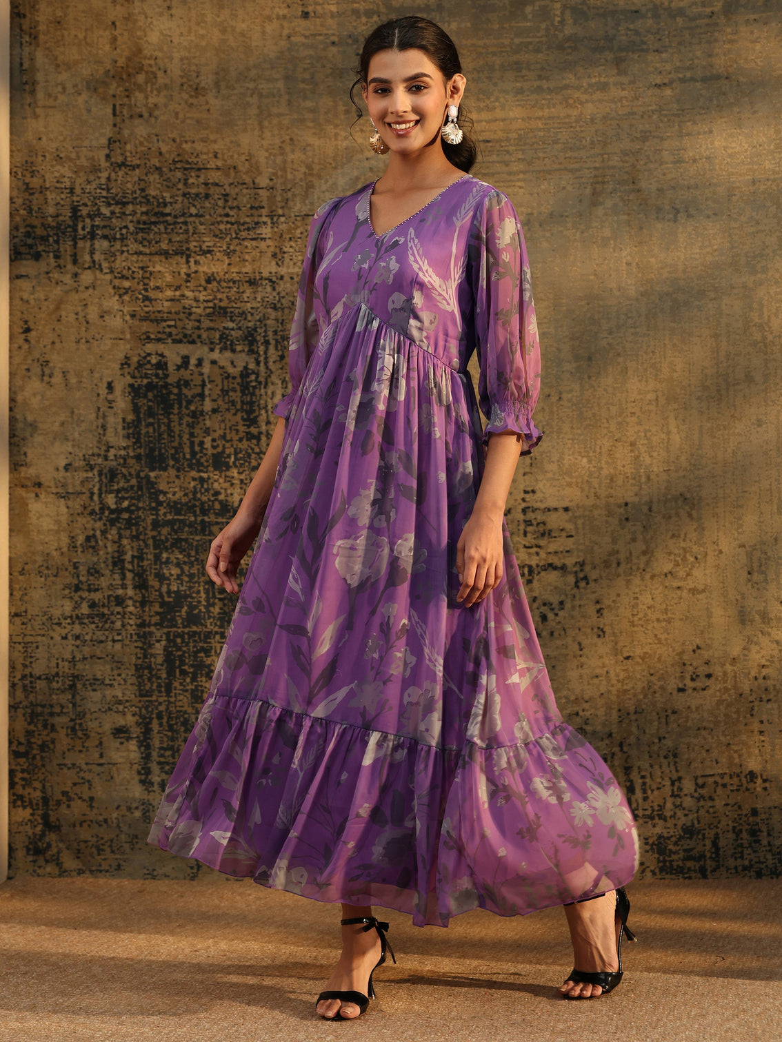 Mameraa Orchid Purple Floral Printed Empire Chiffon Dress