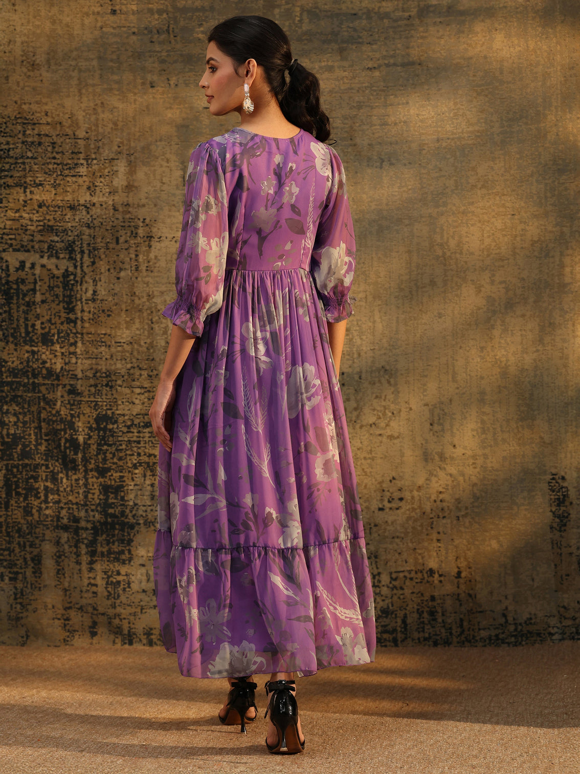 Mameraa Orchid Purple Floral Printed Empire Chiffon Dress