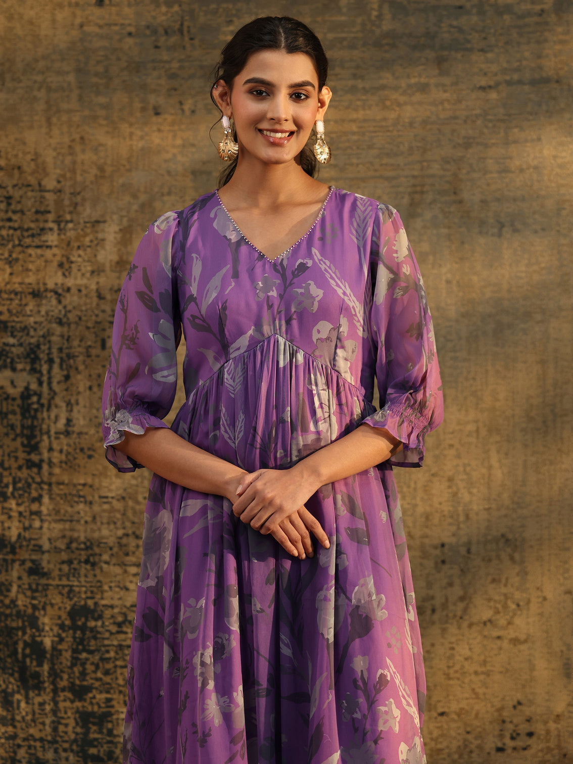 Mameraa Orchid Purple Floral Printed Empire Chiffon Dress