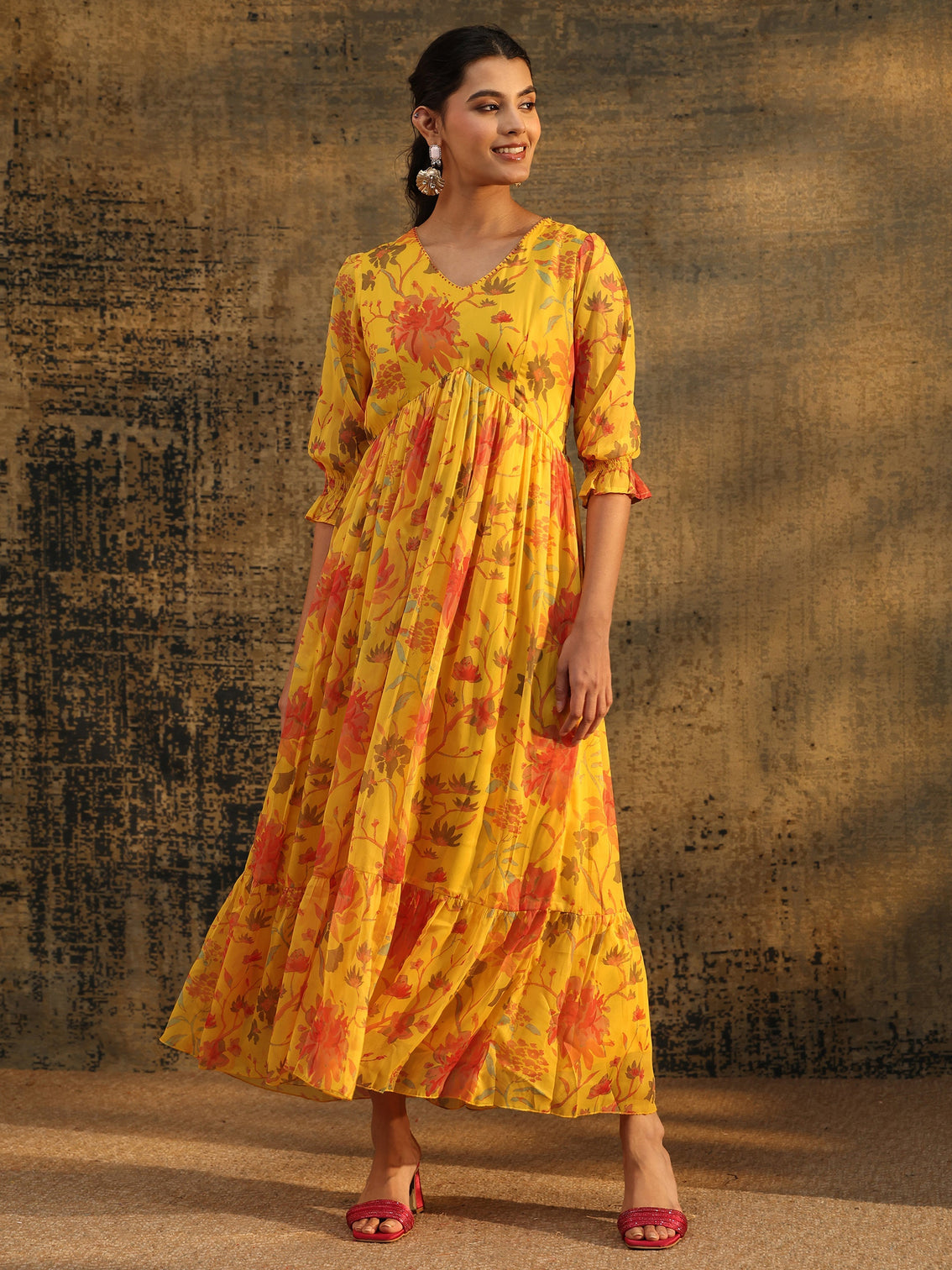 Mameraa Yellow Floral Printed Empire Chiffon Dress