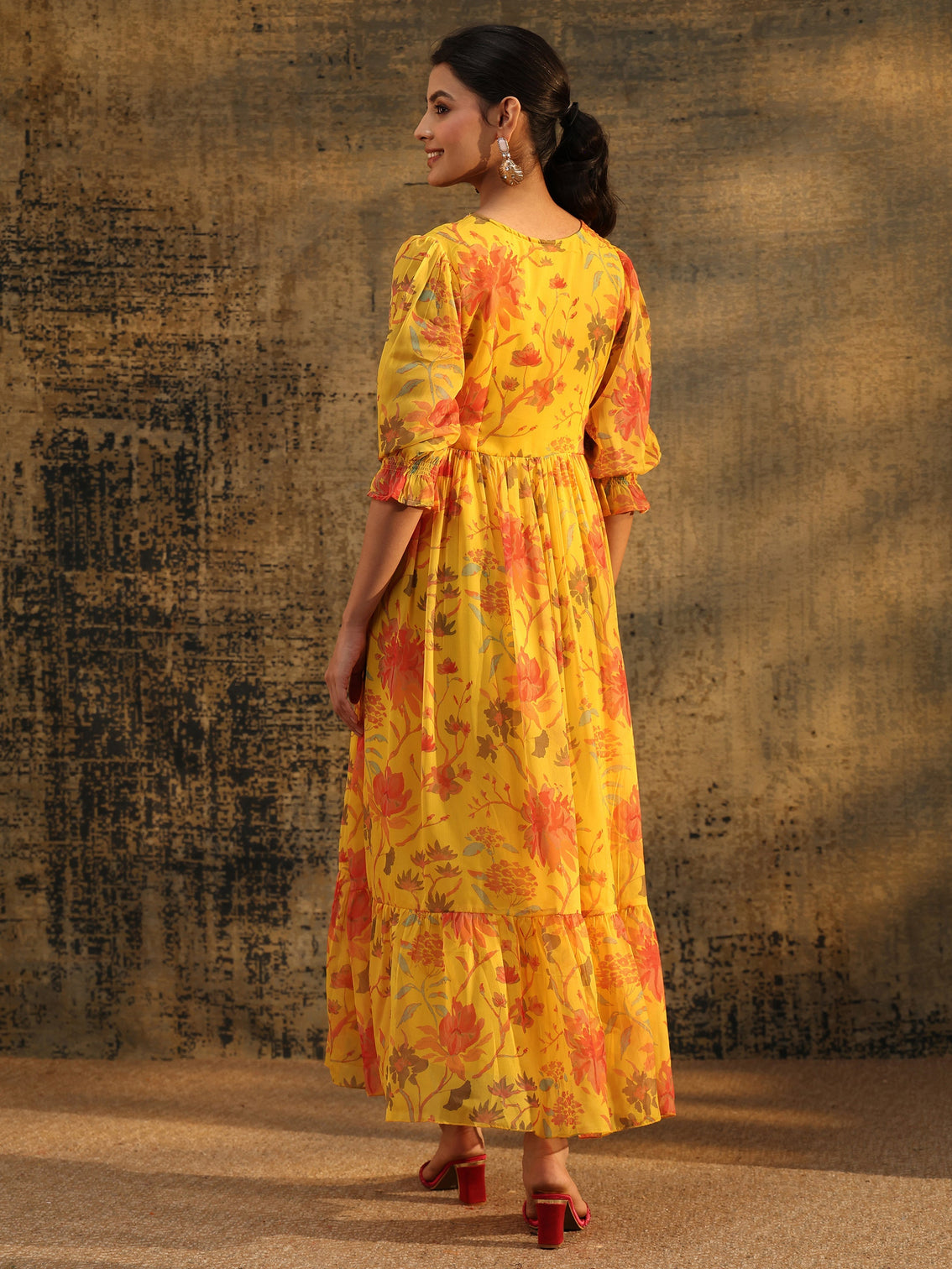 Mameraa Yellow Floral Printed Empire Chiffon Dress