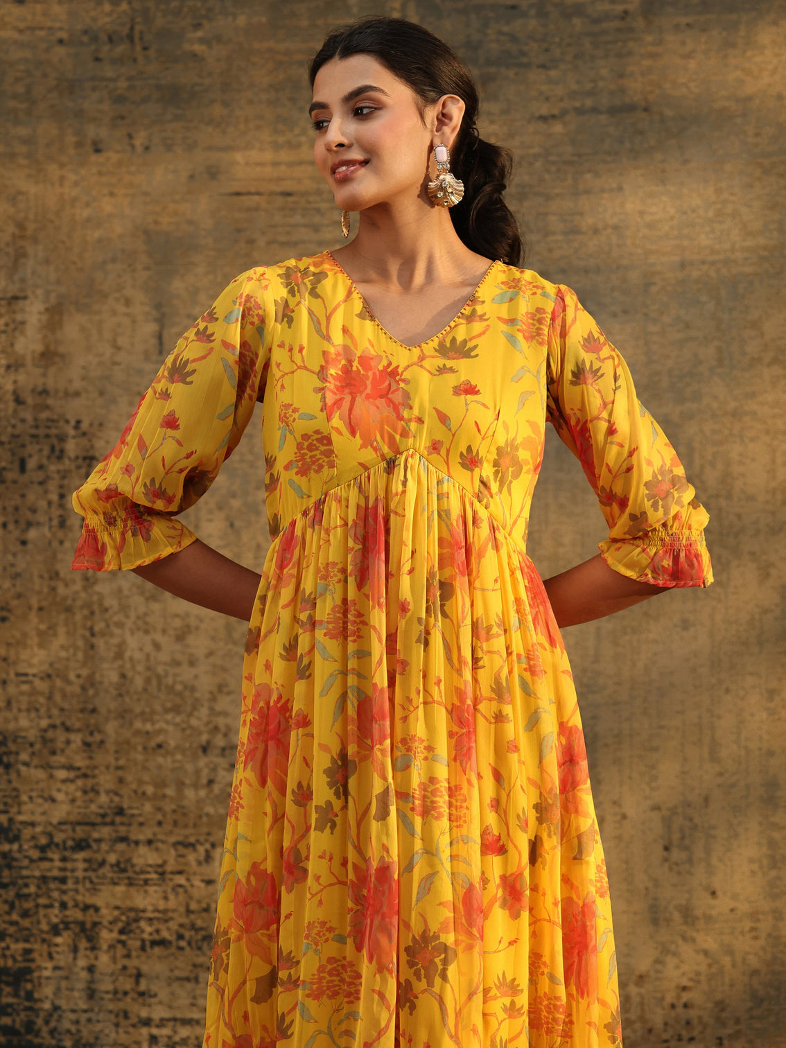 Mameraa Yellow Floral Printed Empire Chiffon Dress