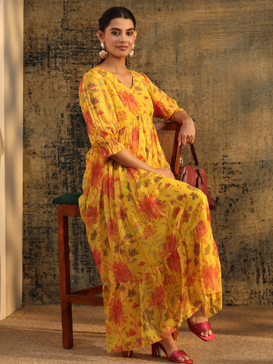 Mameraa Yellow Floral Printed Empire Chiffon Dress