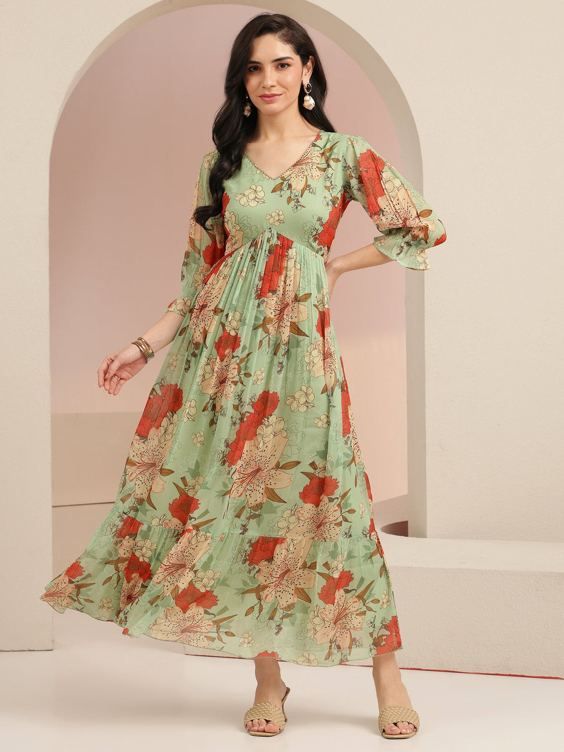 Mameraa Mint Green Floral Printed Chiffon Empire Dress