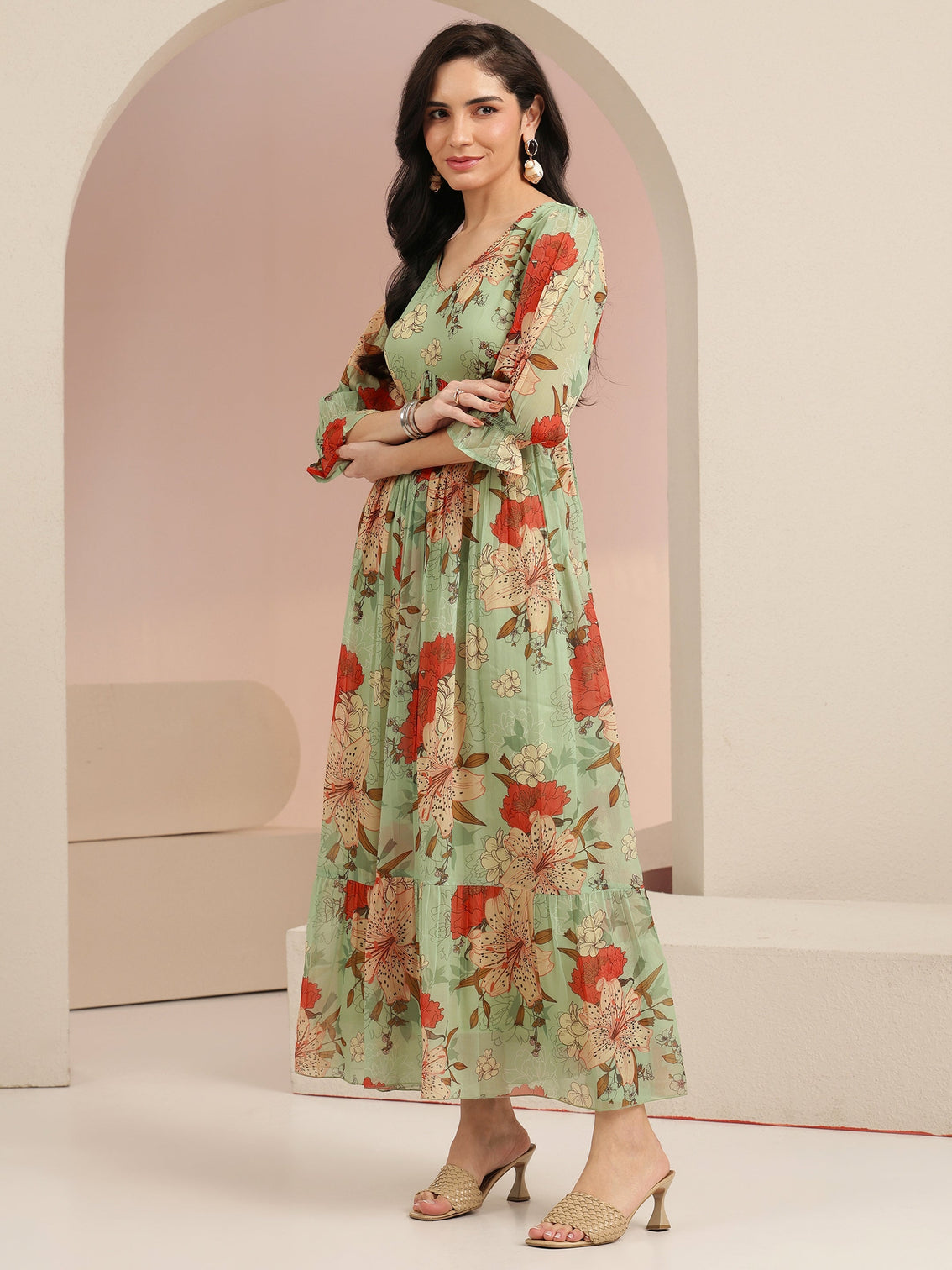 Mameraa Mint Green Floral Printed Chiffon Empire Dress