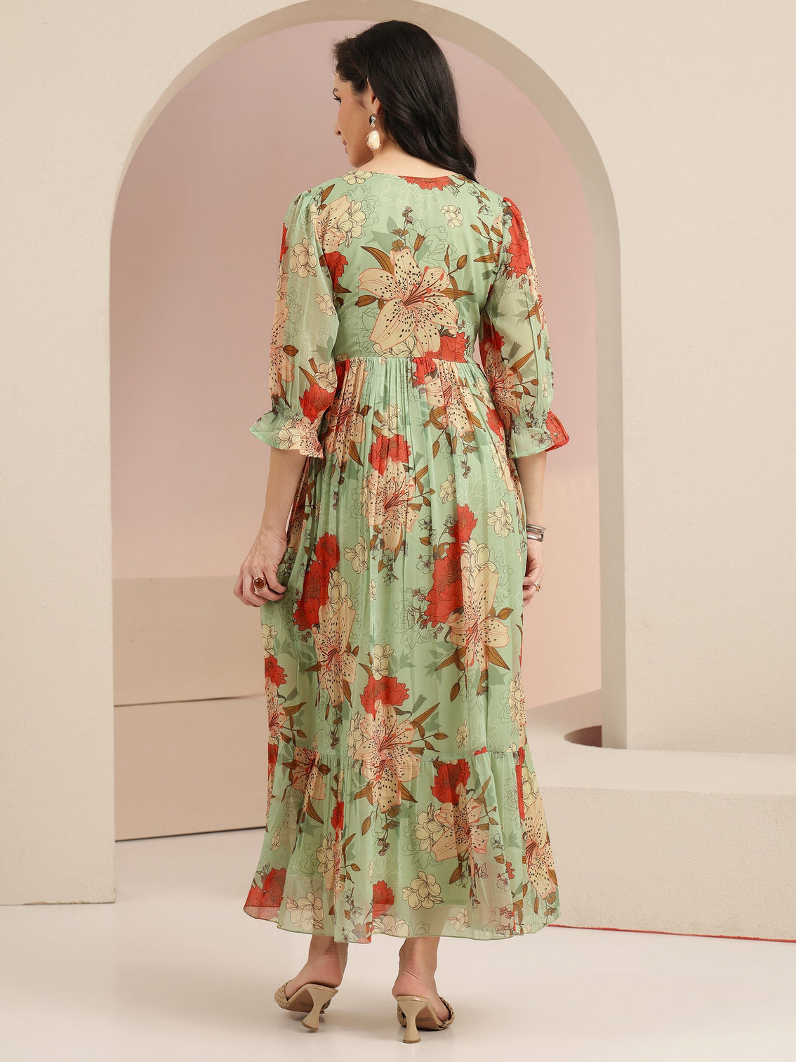 Mameraa Mint Green Floral Printed Chiffon Empire Dress