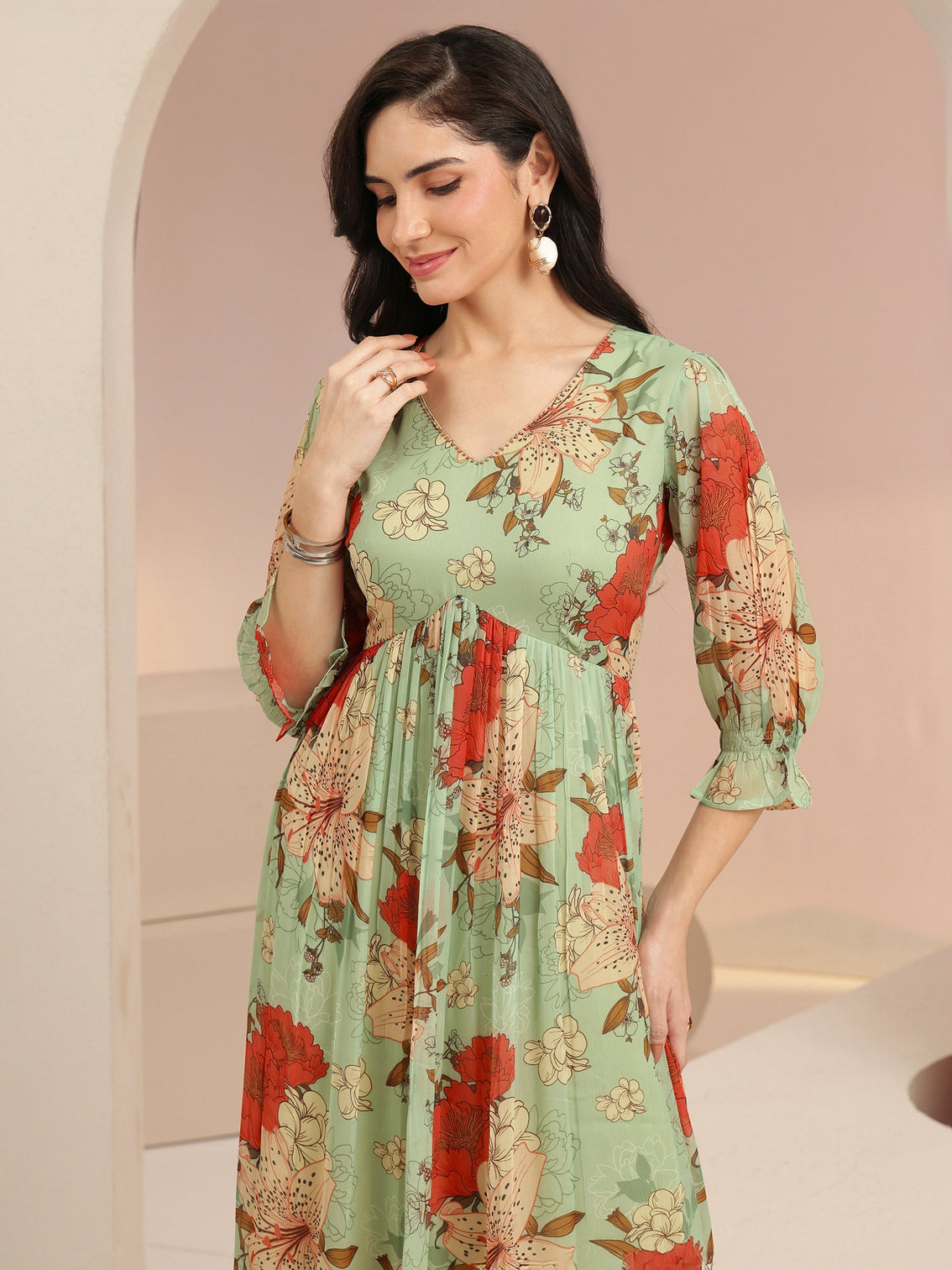 Mameraa Mint Green Floral Printed Chiffon Empire Dress