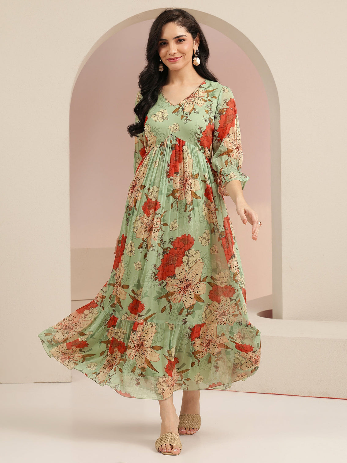 Mameraa Mint Green Floral Printed Chiffon Empire Dress
