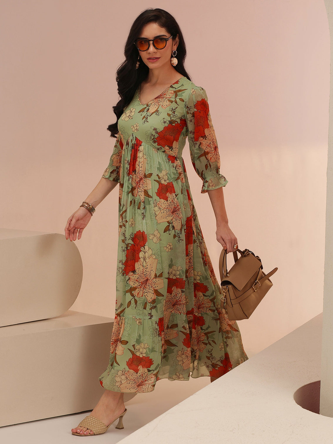 Mameraa Mint Green Floral Printed Chiffon Empire Dress