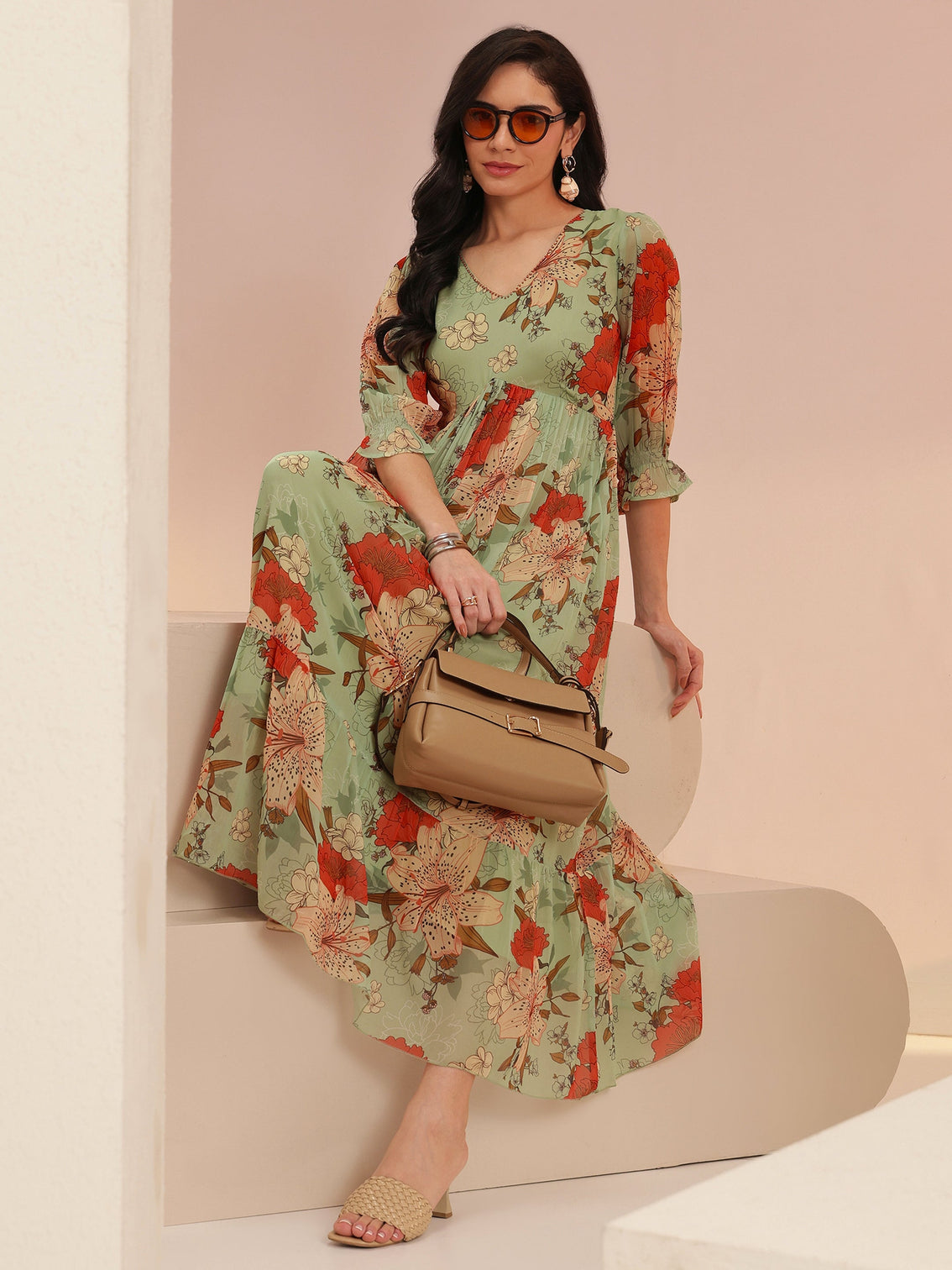 Mameraa Mint Green Floral Printed Chiffon Empire Dress