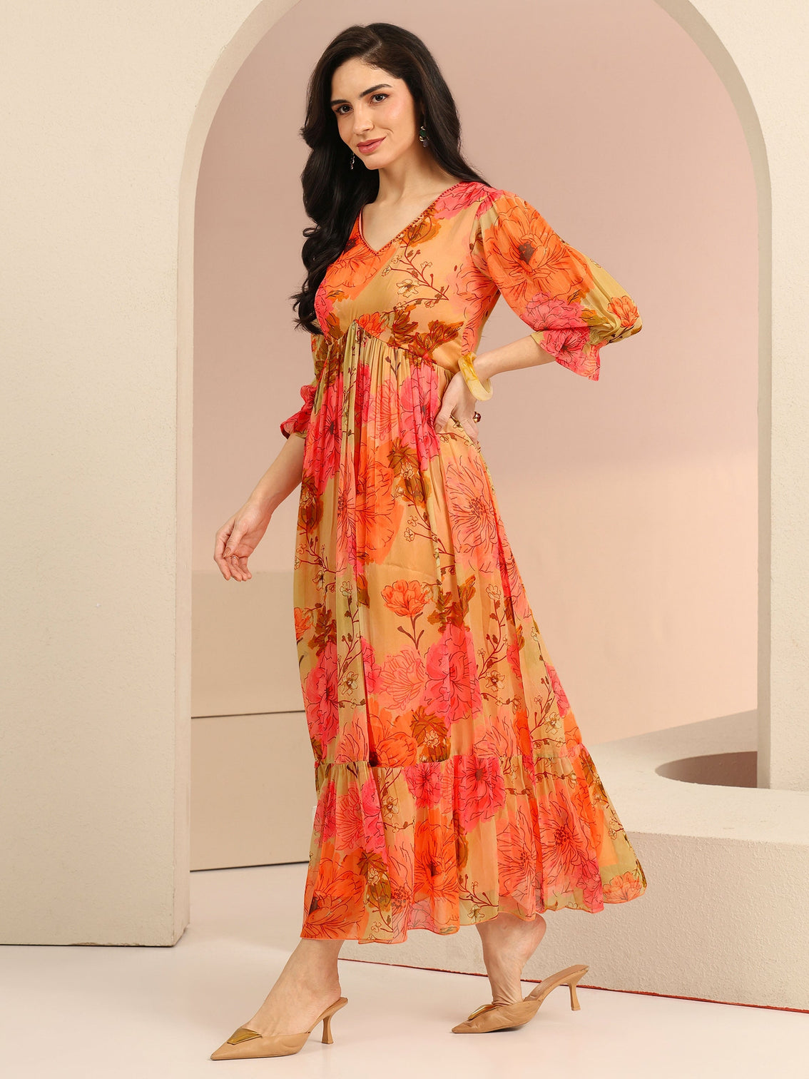 Mameraa Beige Floral Printed Chiffon Empire Dress