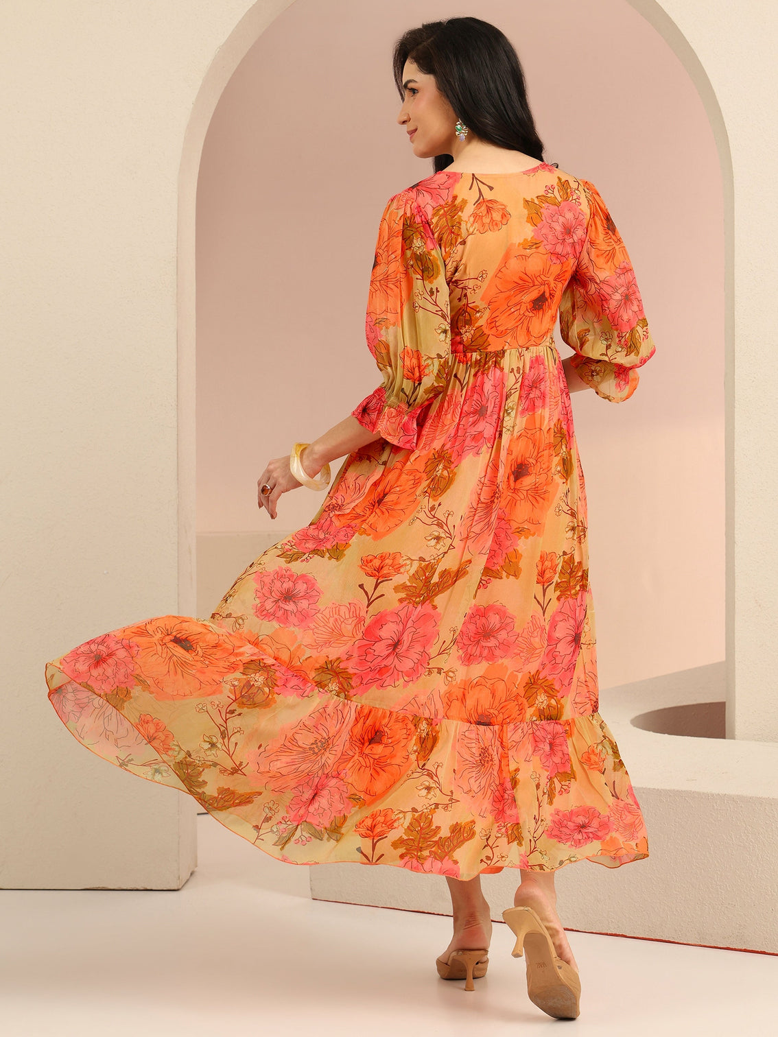 Mameraa Beige Floral Printed Chiffon Empire Dress