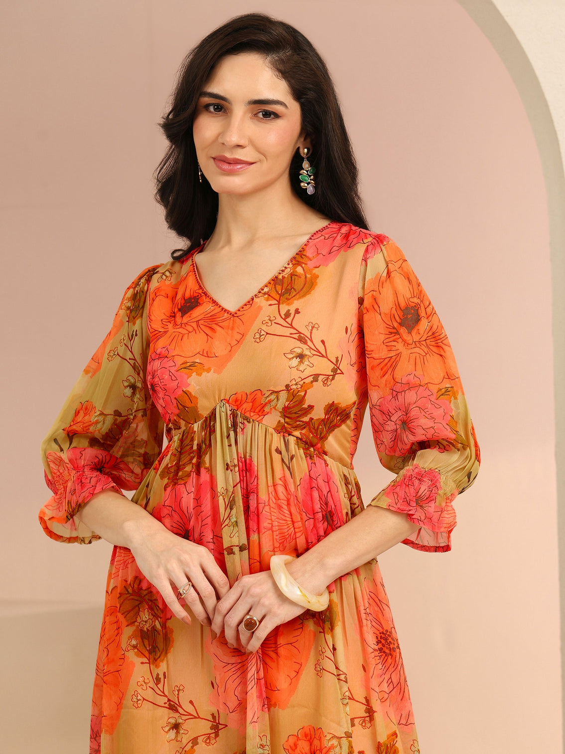Mameraa Beige Floral Printed Chiffon Empire Dress
