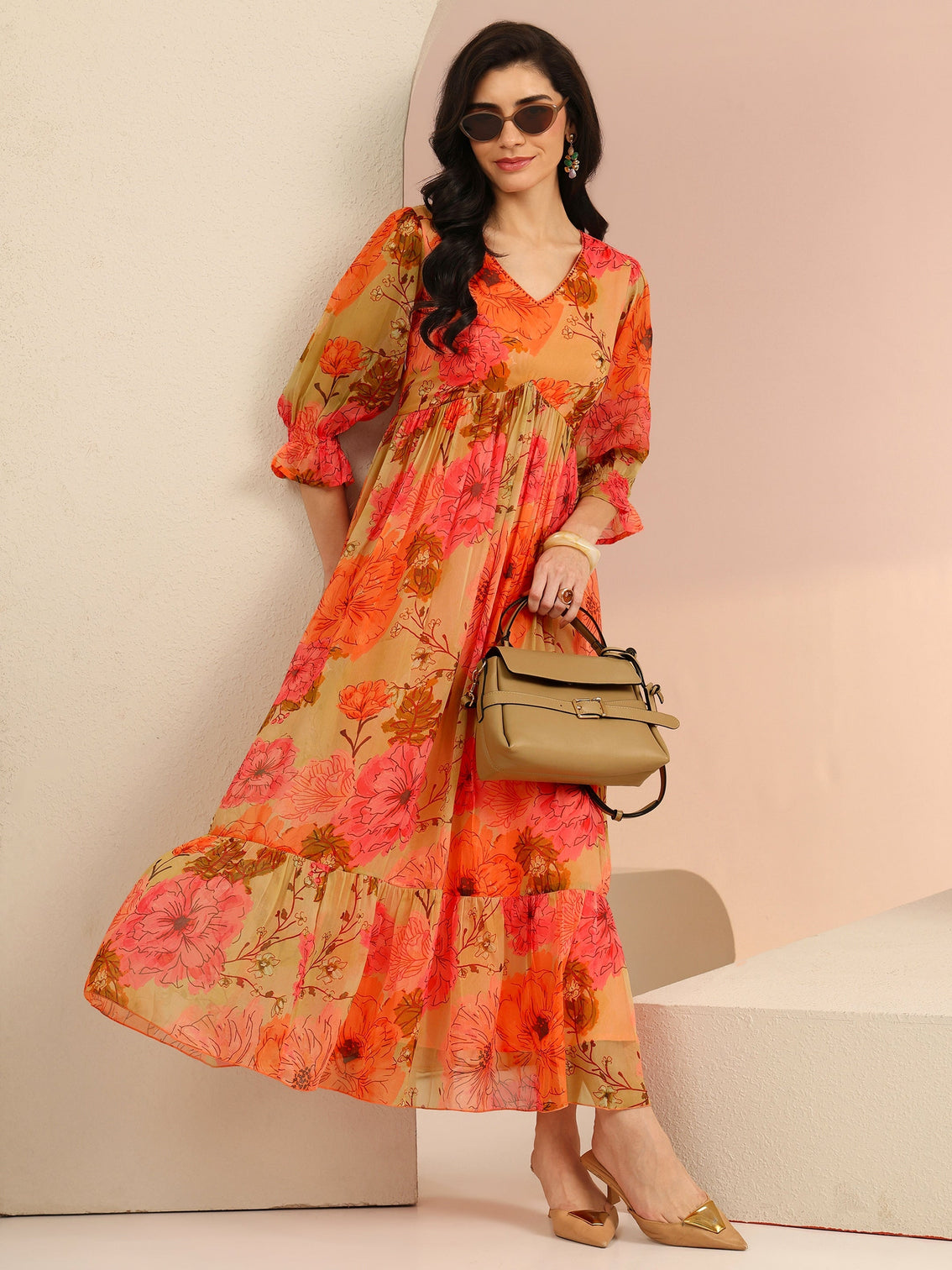 Mameraa Beige Floral Printed Chiffon Empire Dress