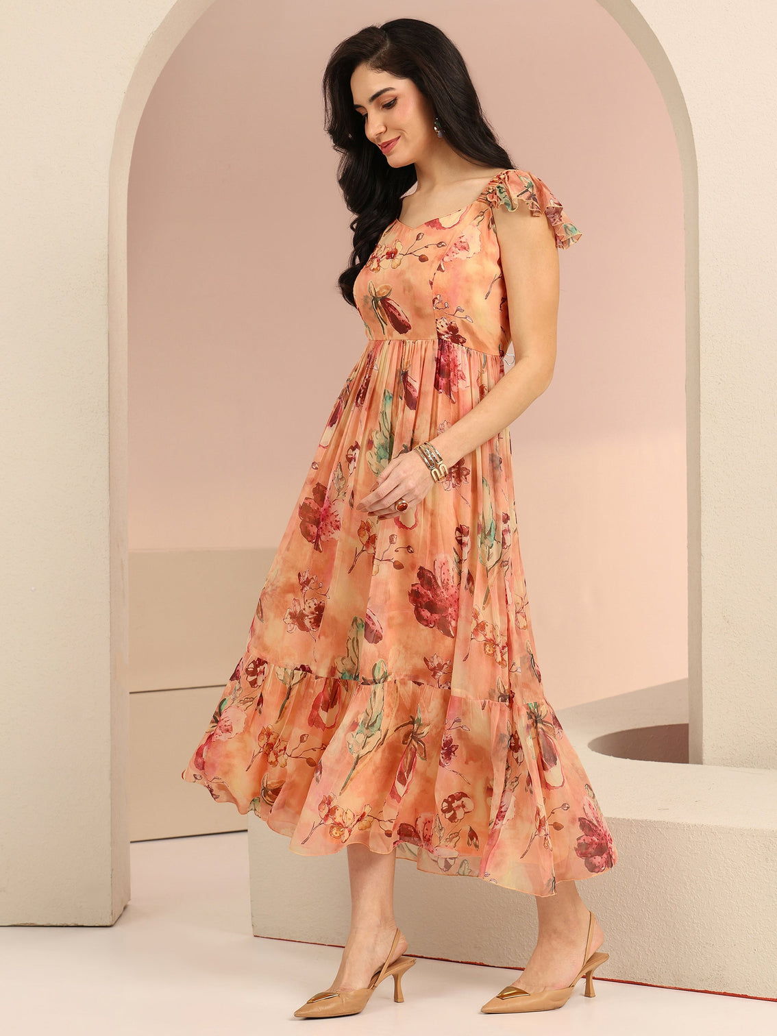 Mameraa Peach Floral Printed Chiffon A-Line Dress