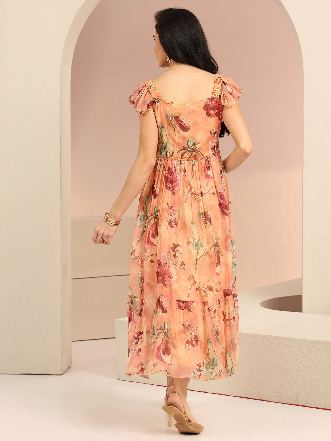 Mameraa Peach Floral Printed Chiffon A-Line Dress