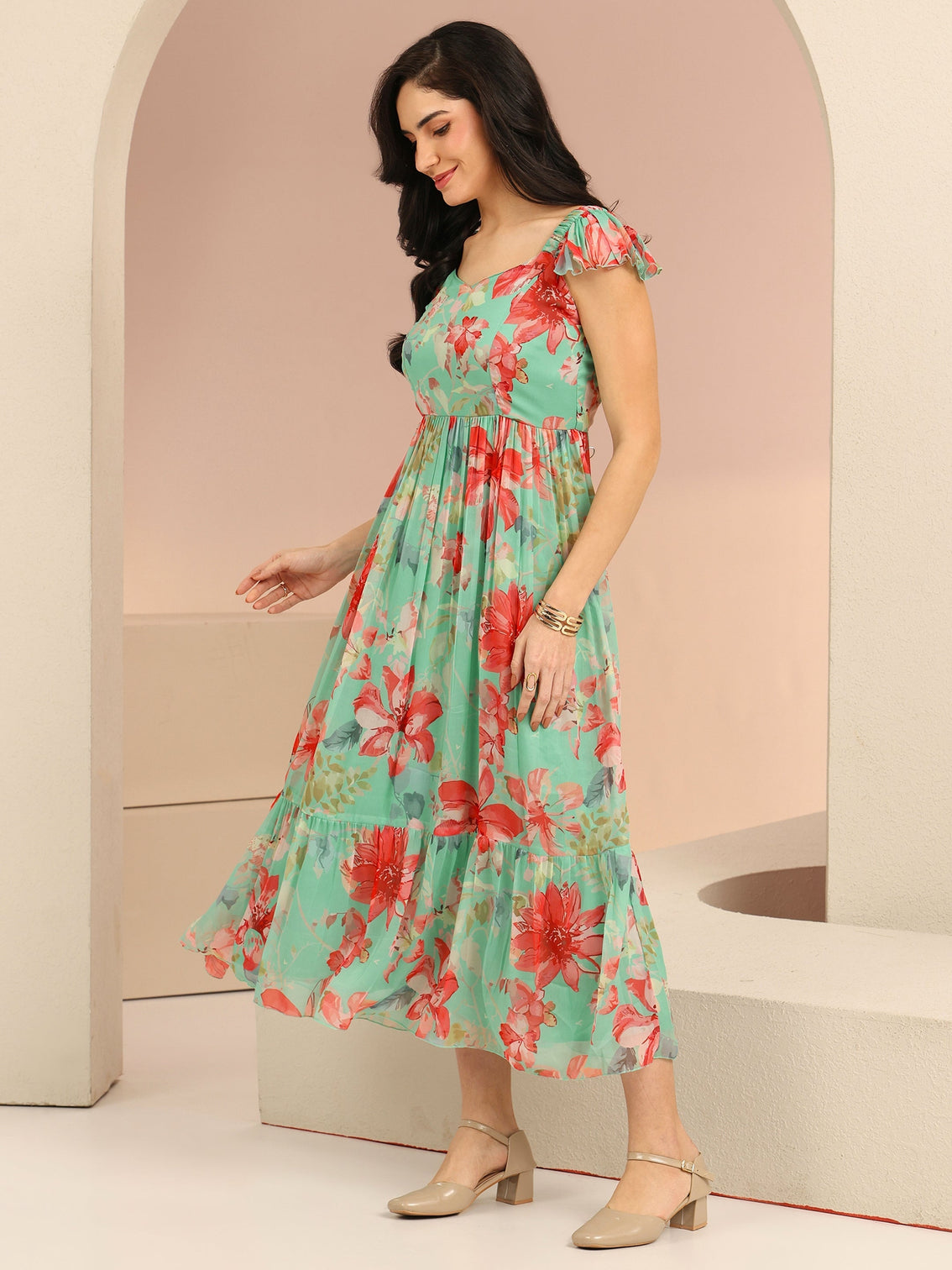 Mameraa Mint Green Floral Printed Chiffon A-Line Dress